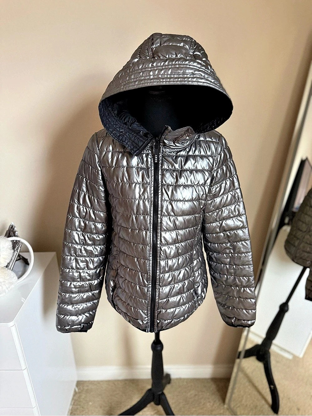 DKNY Women's Metallic Puffer Jacket with Hood